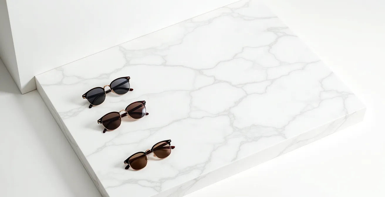 Composition artistique de différentes lunettes de luxe sur surface réfléchissante