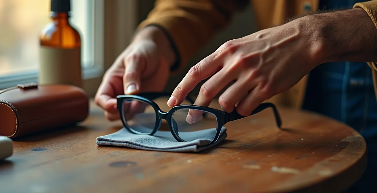 Nature morte avec accessoires d'entretien de lunettes sur bureau en bois