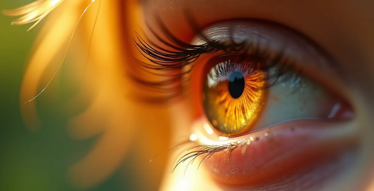 Gros plan d'un œil humain avec reflets lumineux naturels