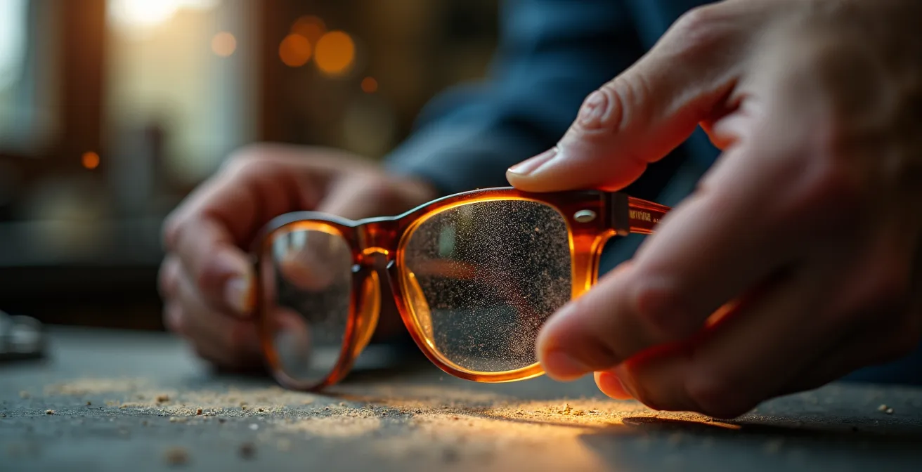 Mains d'artisan travaillant sur une monture de lunettes en atelier