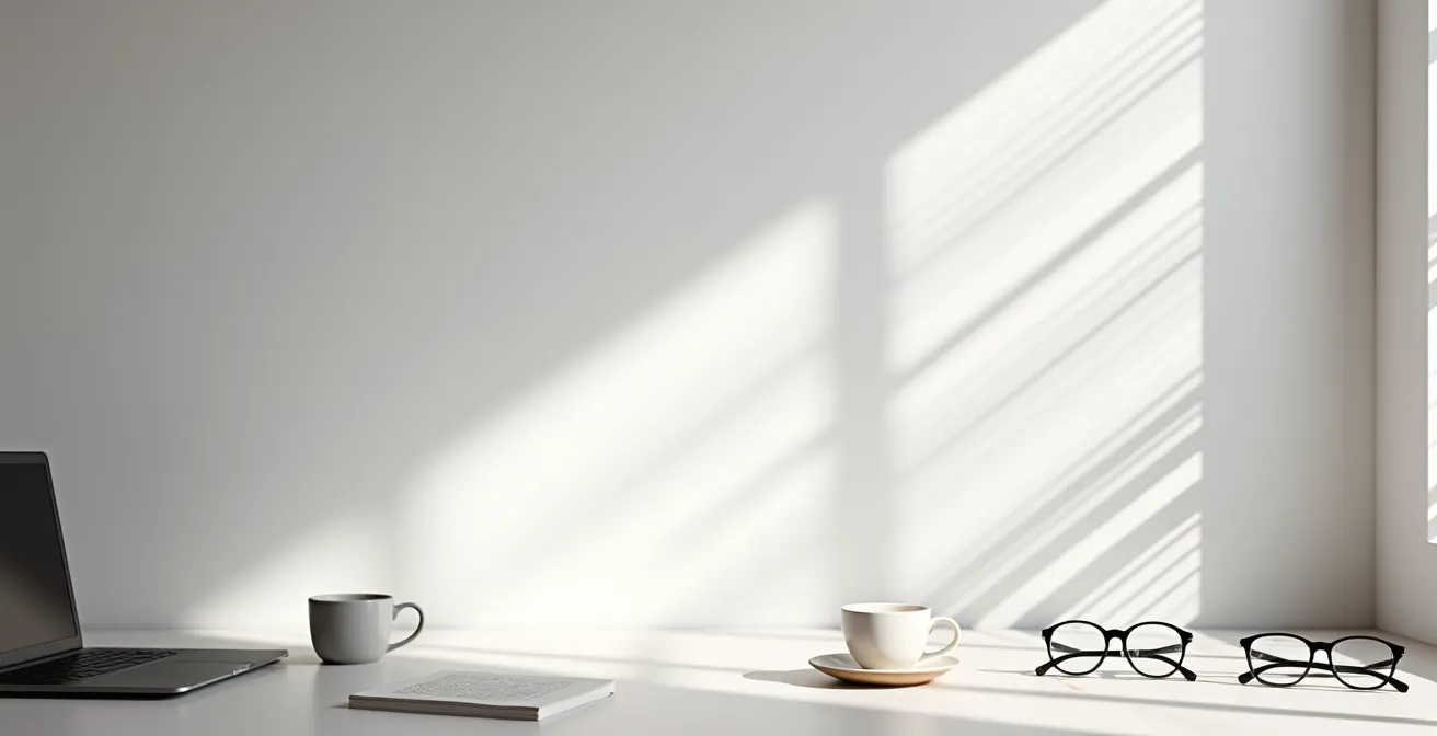 Vue large d'un bureau épuré avec plusieurs paires de lunettes disposées selon différents moments de la journée