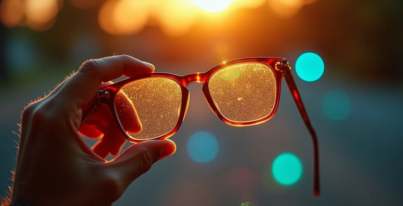 Gros plan sur une main tenant des lunettes sous différentes sources lumineuses révélant les reflets et micro-détails
