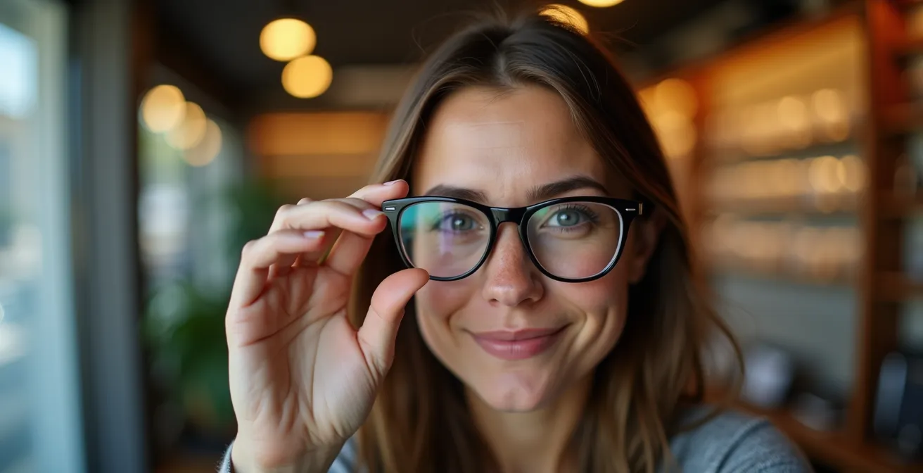 Portrait rapproché d'une personne tenant des lunettes devant son visage avec une expression réfléchie