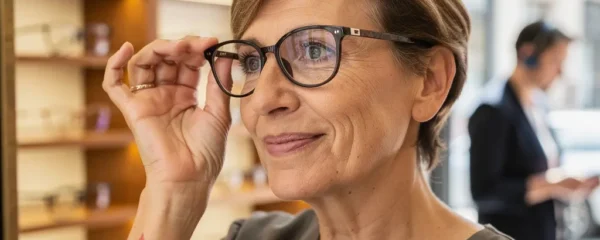 Cliente essayant des lunettes créateurs devant miroir boutique opticien Cholet