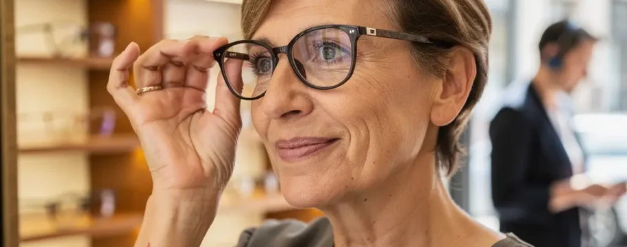 Cliente essayant des lunettes créateurs devant miroir boutique opticien Cholet