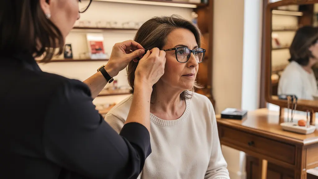 Opticienne ajustant monture créateur sur cliente boutique Cholet conseil morphologique